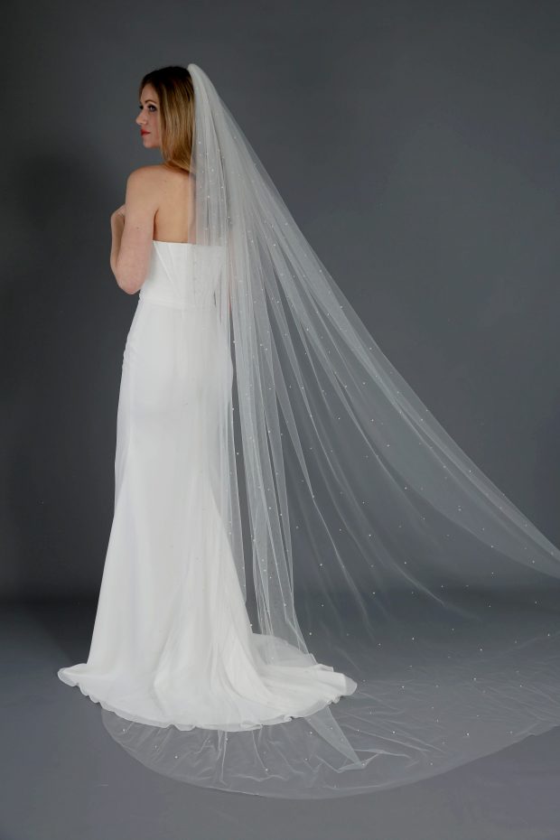 114 Abbey Length Ivory Bridal Veil with Scattered Pearls