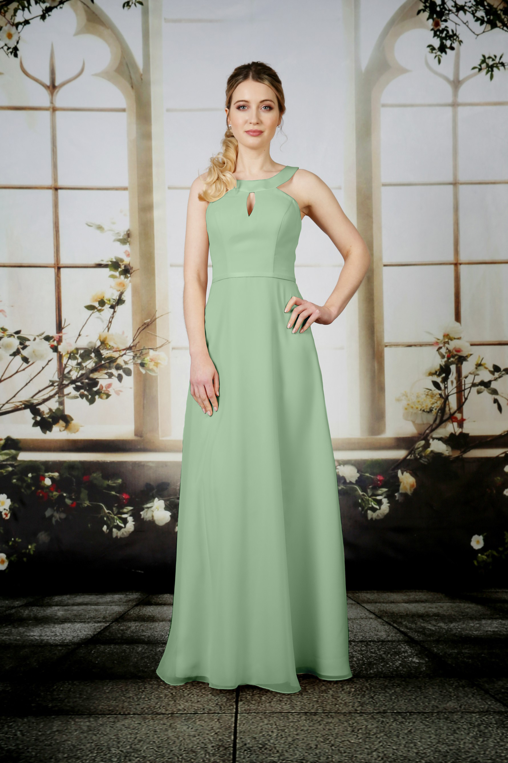 Long chiffon dress with keyhole detail outlet