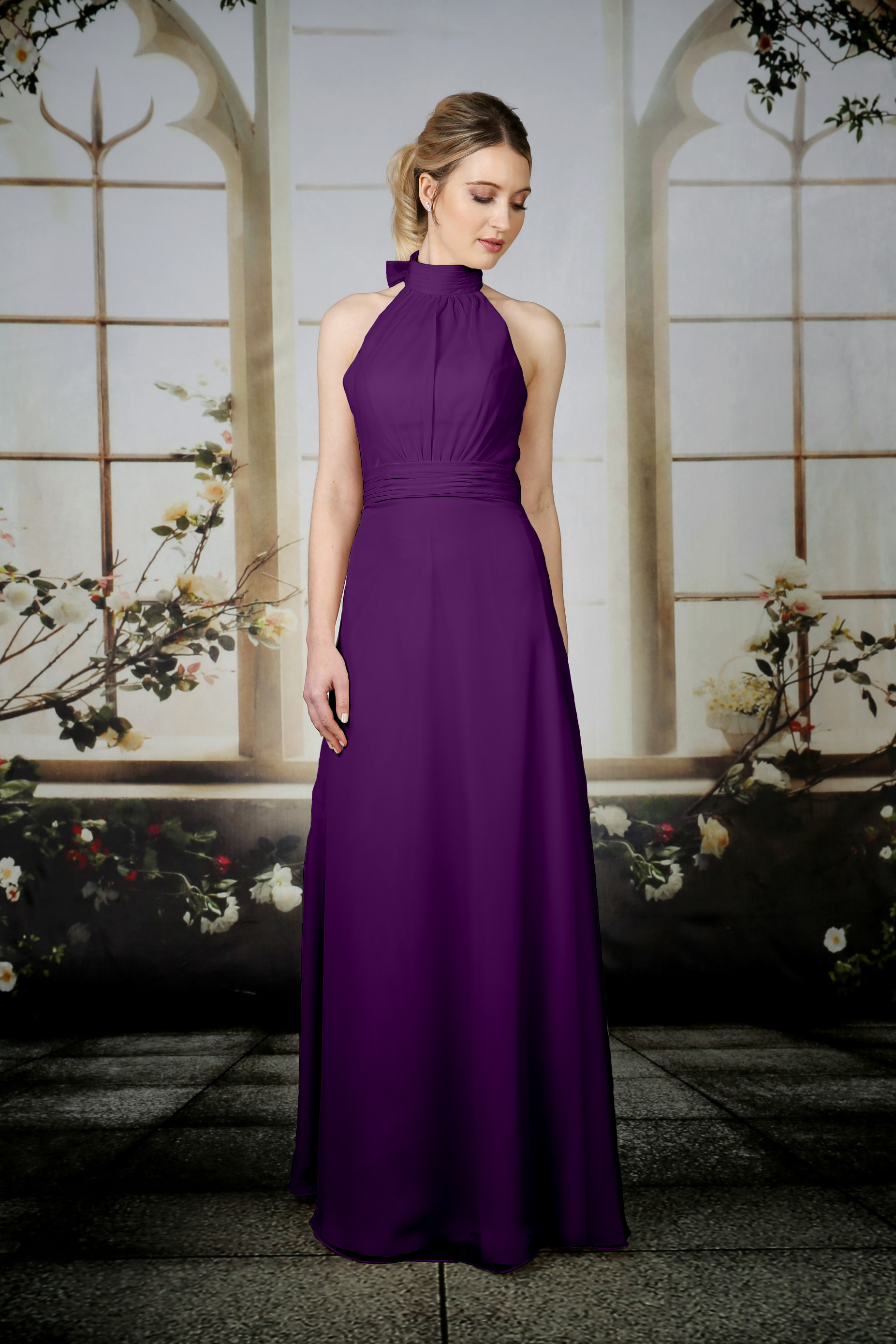 Purple halter neck dress sales